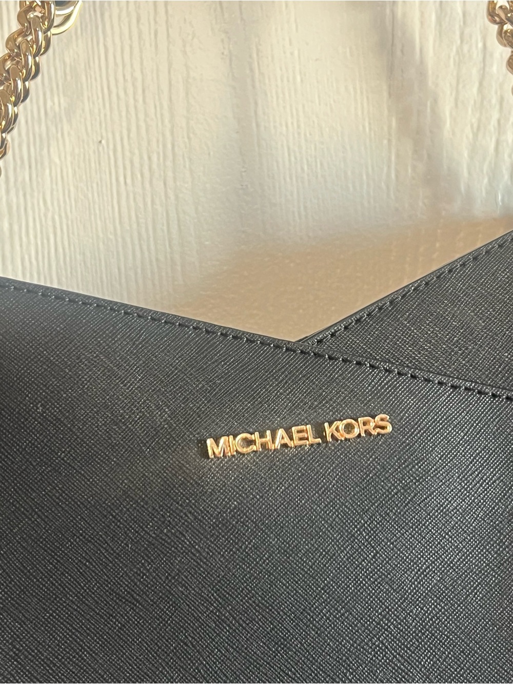 Michael Kors Jet Set Travel Large Chain Shoulder Tote Bag MK Black Leather Gold - Picture 2 of 12